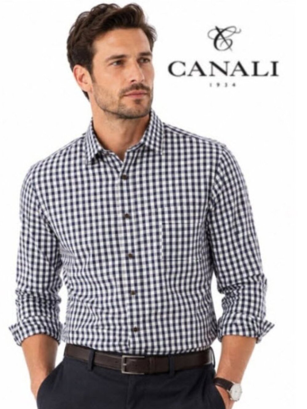 Canali Navy White Gingham Cotton Button-Down Shirt 16.5 Made in Italy Designer